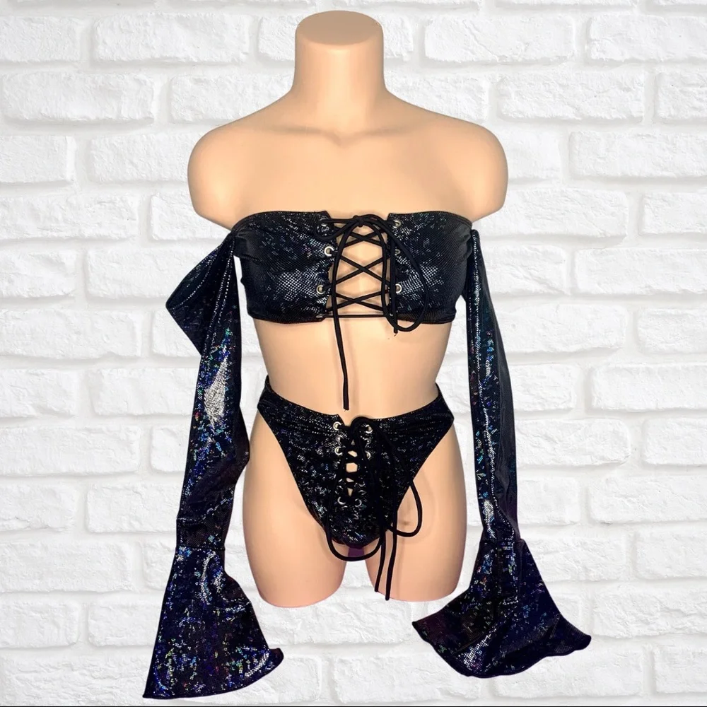 🪩 Holographic Lace Up Bikini | Rave, Festival Exotic Dancewear 🪩 - Picture 1 of 2
